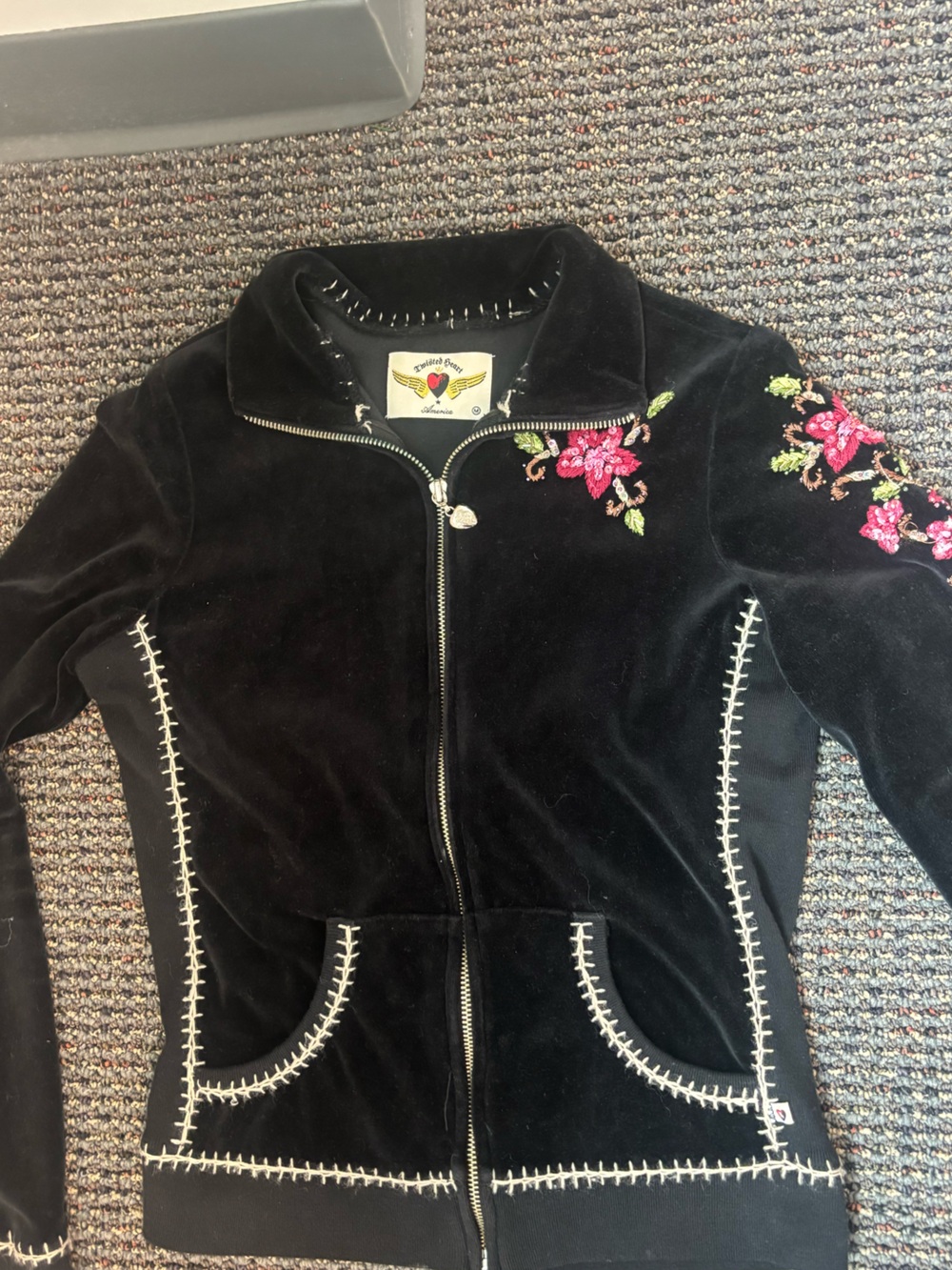 TWISTED HEART Black Velour Drawstring Track Pants with Pink Floral Accent - Picture 4 of 8
